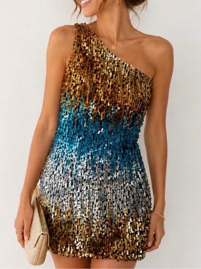 WOW couture One-Shoulder Sequin Ombre Dress - Gold, Teal & Silver